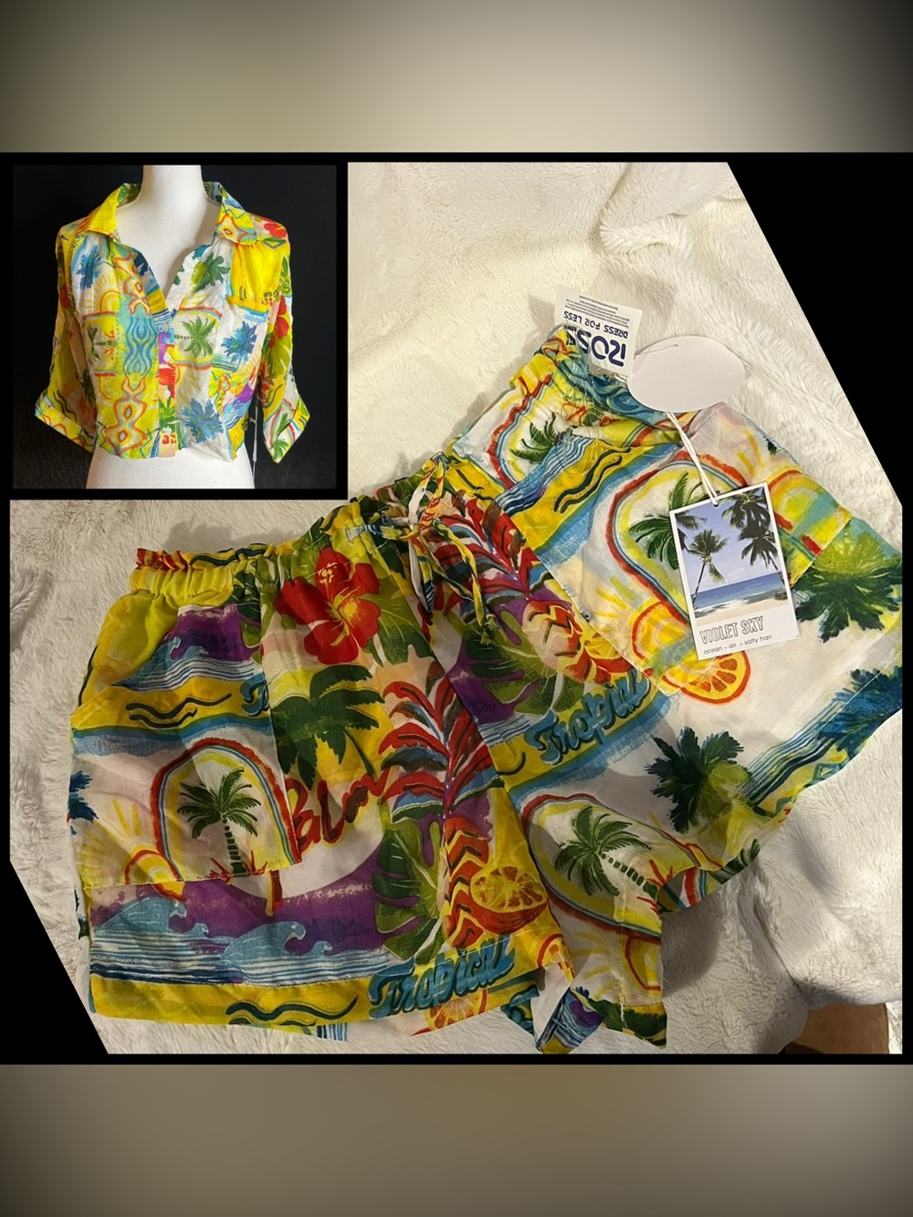 Tropical Print Tie-Waist Shorts and Crop Shirt Set - Yellow Multi